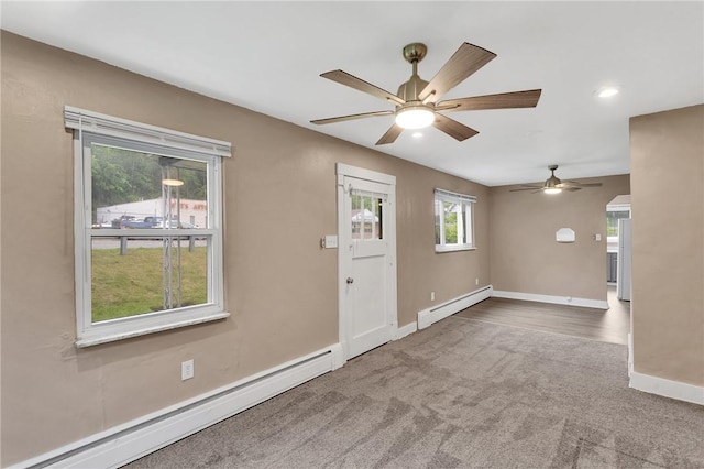 1048 Unity Center Rd, Plum Boro, PA 15239 - empty room featuring a baseboard radiator, baseboard heating, a ceiling fan, carpet floors, and recessed lighting