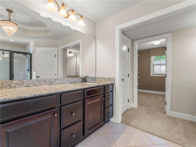 4402 Walnut Ridge Cir, South Fayette, PA 15057 - full bathroom featuring vanity, a stall shower, and a chandelier