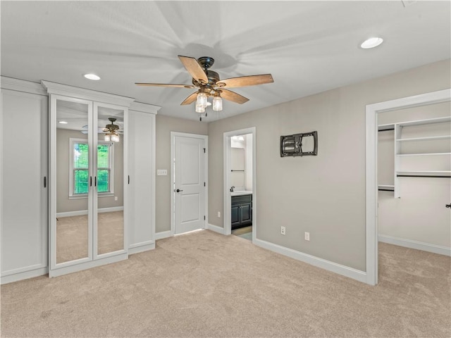 4402 Walnut Ridge Cir, South Fayette, PA 15057 - unfurnished bedroom featuring light carpet, recessed lighting, ensuite bathroom, a spacious closet, and a ceiling fan