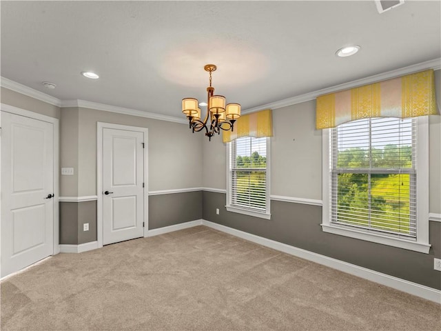 4402 Walnut Ridge Cir, South Fayette, PA 15057 - carpeted empty room featuring a chandelier, ornamental molding, recessed lighting, and a smoke detector