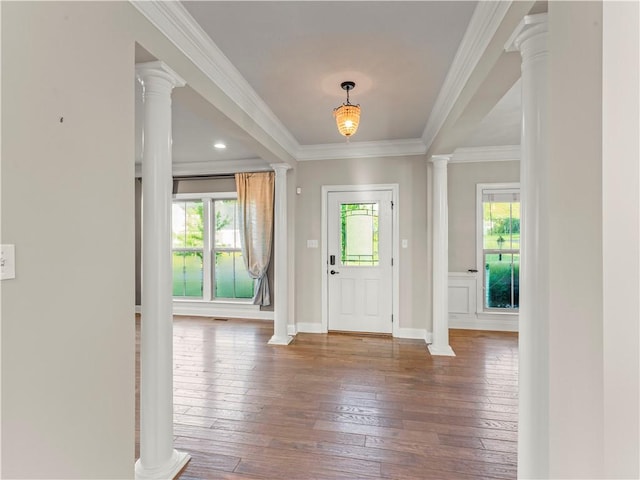 4402 Walnut Ridge Cir, South Fayette, PA 15057 - entryway with decorative columns, wood-type flooring, and ornamental molding