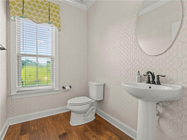 4402 Walnut Ridge Cir, South Fayette, PA 15057 - half bathroom with ornamental molding, wood finished floors, and wallpapered walls