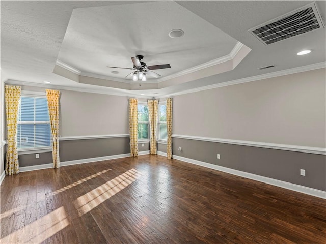 4402 Walnut Ridge Cir, South Fayette, PA 15057 - empty room featuring a raised ceiling, hardwood / wood-style flooring, ornamental molding, ceiling fan, and recessed lighting