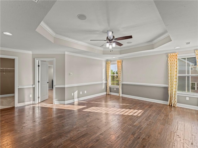 4402 Walnut Ridge Cir, South Fayette, PA 15057 - unfurnished room with a raised ceiling, crown molding, a ceiling fan, wood-type flooring, and recessed lighting