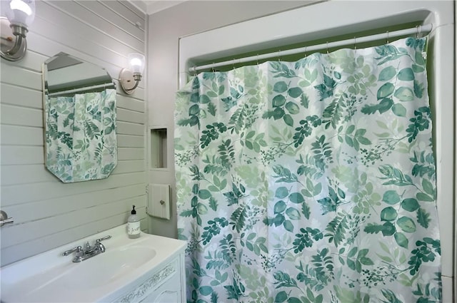 866 Connolly Ave, South Park, PA 15236 - bathroom featuring wooden walls, vanity, and a shower with curtain