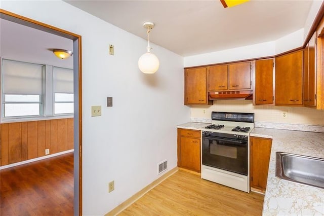 650 Loretta St, Greenfield, PA 15217 - kitchen featuring gas range gas stove, under cabinet range hood, brown cabinets, light wood finished floors, and light countertops