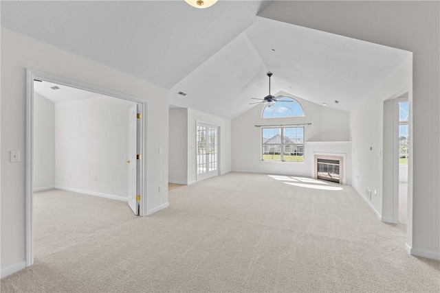 1901 Golf Course Dr, South Strabane, PA 15301 - unfurnished living room with light carpet, a ceiling fan, lofted ceiling, and a tiled fireplace