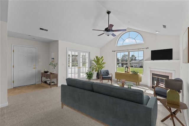 1901 Golf Course Dr, South Strabane, PA 15301 - living area featuring ceiling fan, a fireplace, lofted ceiling, and carpet floors