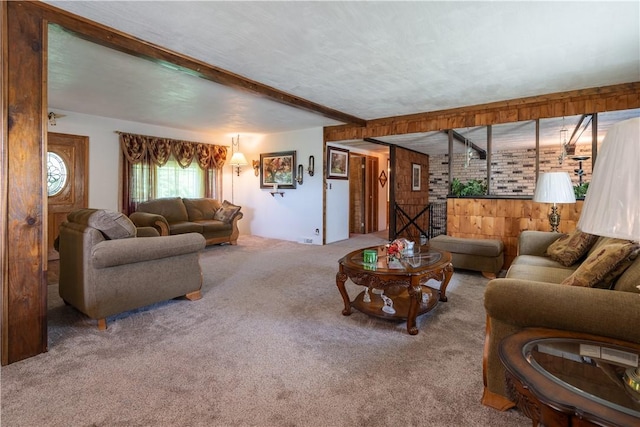 5731 Interboro, Lincoln Place, PA 15207 - living area featuring carpet flooring, beam ceiling, and brick wall