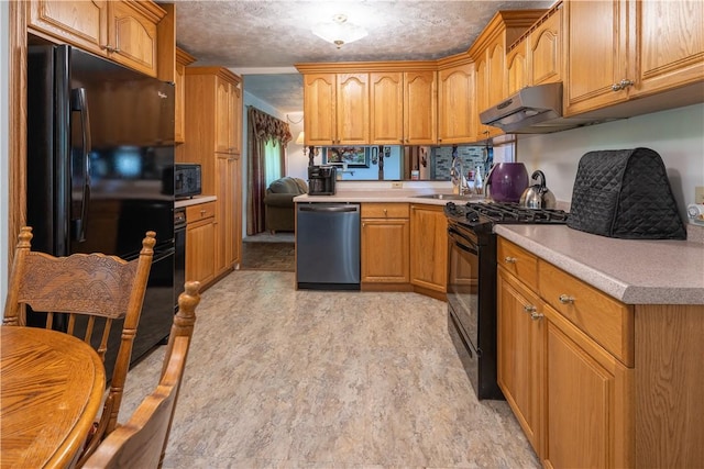 5731 Interboro, Lincoln Place, PA 15207 - kitchen featuring black appliances, under cabinet range hood, light countertops, a textured ceiling, and brown cabinetry