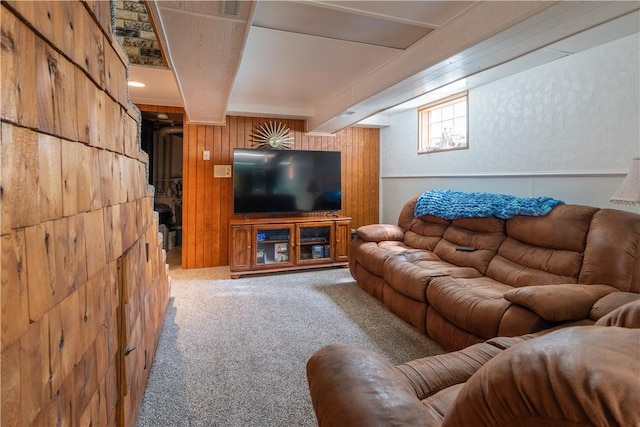 5731 Interboro, Lincoln Place, PA 15207 - living room with carpet flooring, beam ceiling, and wooden walls