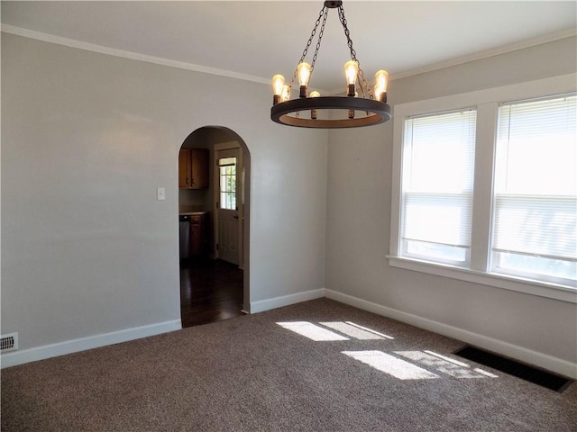 437 Green St, Munhall, PA 15120 - spare room with arched walkways, dark carpet, a chandelier, and ornamental molding
