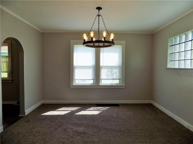 437 Green St, Munhall, PA 15120 - empty room featuring arched walkways, a chandelier, crown molding, and carpet