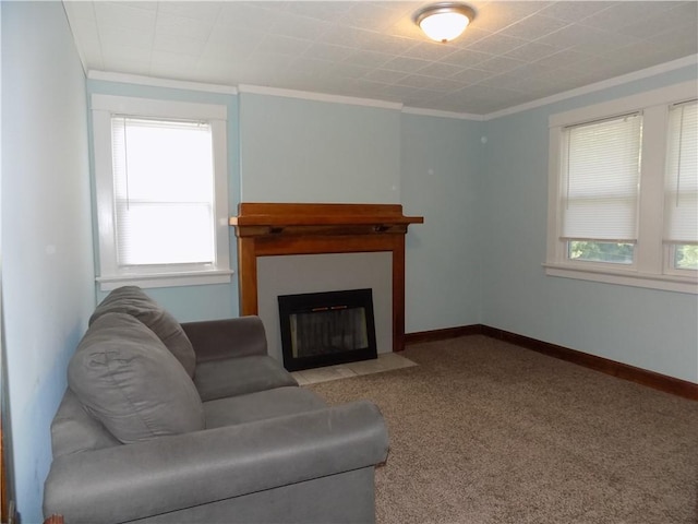 437 Green St, Munhall, PA 15120 - living area with ornamental molding, healthy amount of natural light, carpet, and a fireplace with flush hearth
