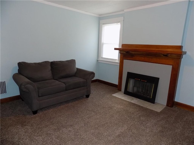 437 Green St, Munhall, PA 15120 - living area featuring crown molding, light colored carpet, and a fireplace with flush hearth