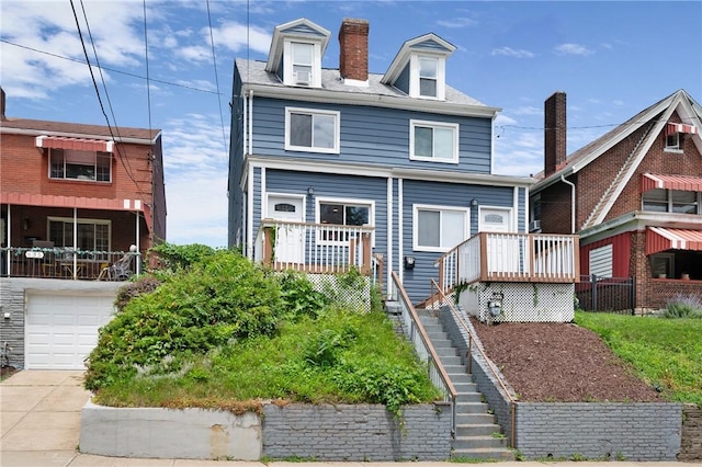 637 Bigelow St, Greenfield, PA 15207 - view of front of house with stairs, a garage, and a chimney