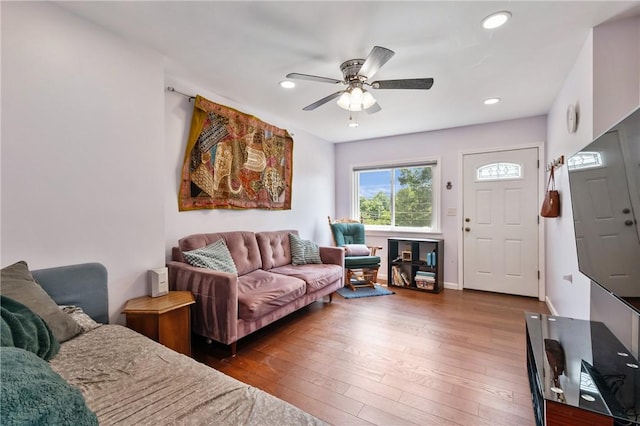 637 Bigelow St, Greenfield, PA 15207 - living room with ceiling fan, wood-type flooring, and recessed lighting