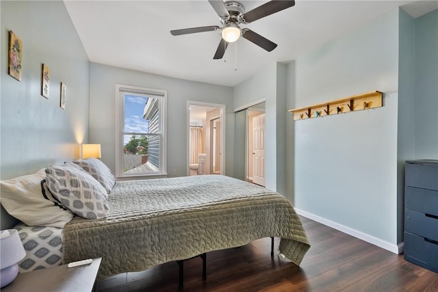 637 Bigelow St, Greenfield, PA 15207 - bedroom featuring dark wood-style flooring, ensuite bathroom, a closet, and a ceiling fan