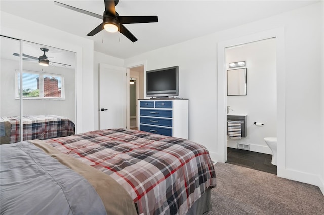 300 Jacks Run Rd, Ross Twp, PA 15202 - bedroom featuring a ceiling fan, a closet, connected bathroom, and dark colored carpet