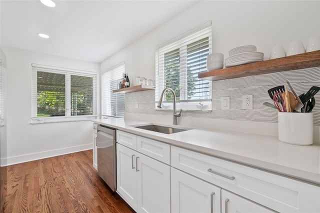 300 Jacks Run Rd, Ross Twp, PA 15202 - kitchen with open shelves, stainless steel dishwasher, healthy amount of natural light, dark wood-style flooring, and recessed lighting