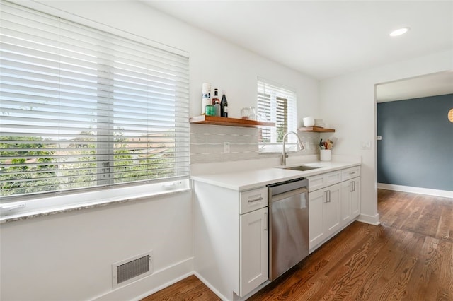 300 Jacks Run Rd, Ross Twp, PA 15202 - kitchen with stainless steel dishwasher, open shelves, dark wood-style flooring, light countertops, and white cabinetry