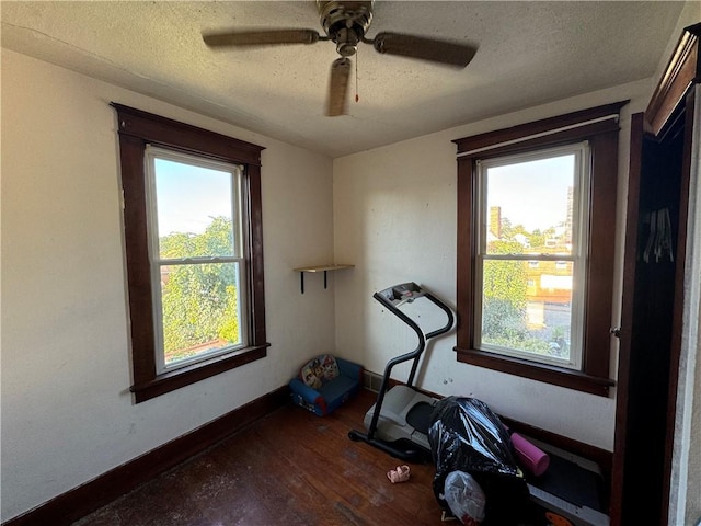 1413 Summit Ave, Monessen, PA 15062 - workout room with wood finished floors, a textured ceiling, and a ceiling fan
