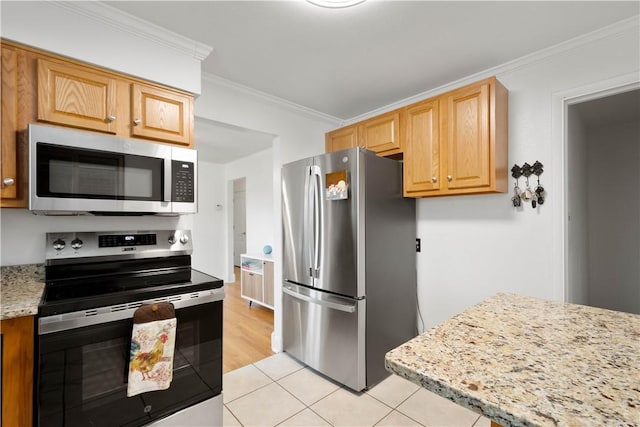 708 Washington St, Bentleyville, PA 15314 - kitchen featuring stainless steel appliances, crown molding, light tile patterned floors, and light stone counters