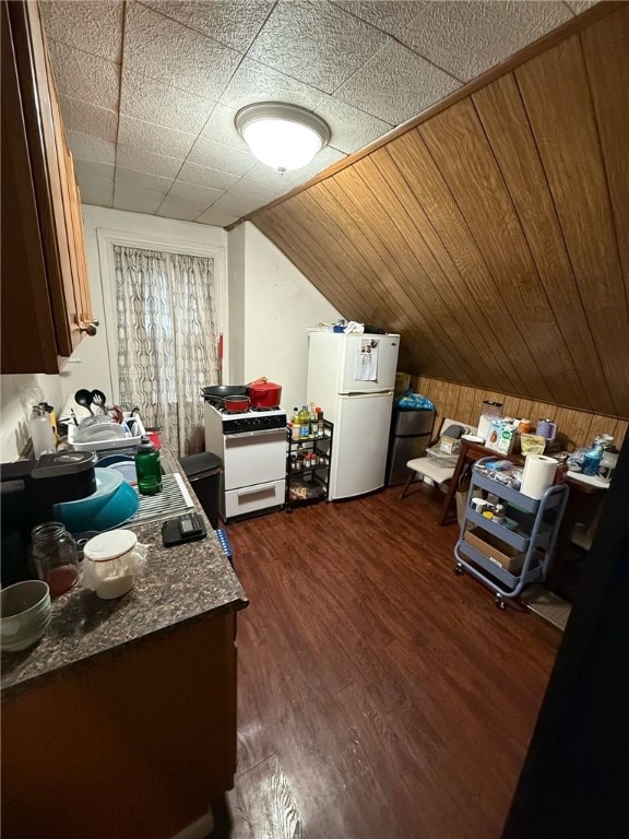 2306 Sherbrook St, Squirrel Hill, PA 15217 - kitchen featuring freestanding refrigerator, dark wood-type flooring, and lofted ceiling
