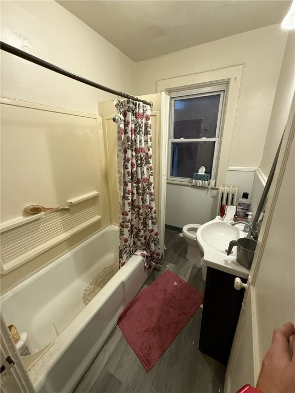 2306 Sherbrook St, Squirrel Hill, PA 15217 - bathroom with wood finished floors, vanity, shower / bath combo with shower curtain, and radiator