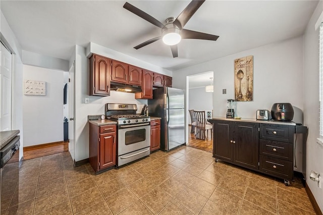 249 Laurie Dr, Penn Hills, PA 15235 - kitchen featuring stainless steel appliances, under cabinet range hood, a ceiling fan, tile patterned flooring, and light countertops