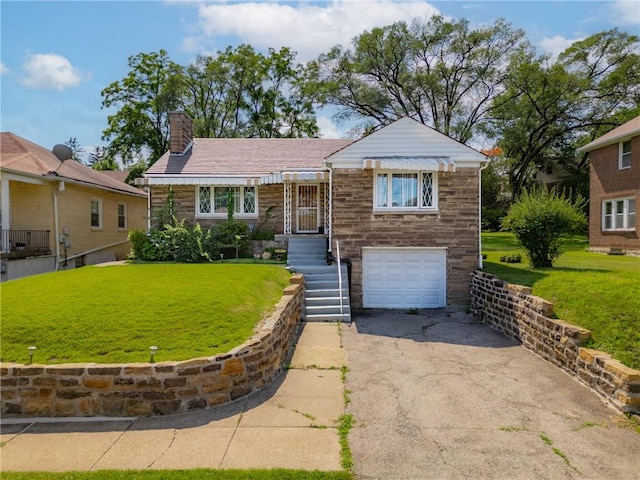 200 Champa St, Penn Hills, PA 15235 - view of front of property with driveway, a chimney, an attached garage, a front lawn, and stone siding