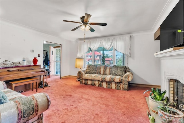 200 Champa St, Penn Hills, PA 15235 - carpeted living room with ceiling fan, a fireplace with raised hearth, and crown molding