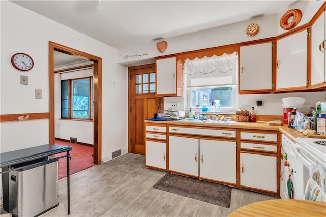 200 Champa St, Penn Hills, PA 15235 - kitchen with light wood-style floors, light countertops, white cabinetry, and white electric stove