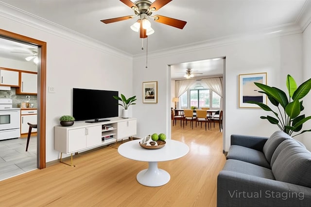 200 Champa St, Penn Hills, PA 15235 - living area with a ceiling fan, crown molding, and light wood-style flooring