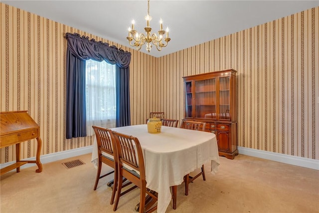 488 Buffalo St, Beaver, PA 15009 - dining room featuring light carpet, a chandelier, and wallpapered walls