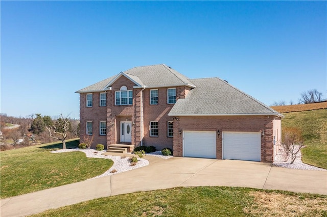 138 Crossridge Rd, Fallowfield, PA 15022 - view of front facade with driveway, a front lawn, a garage, brick siding, and a shingled roof