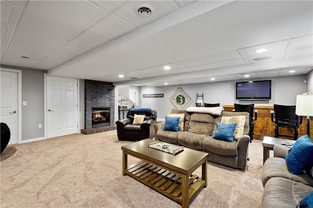 138 Crossridge Rd, Fallowfield, PA 15022 - living area featuring a fireplace, carpet, and recessed lighting
