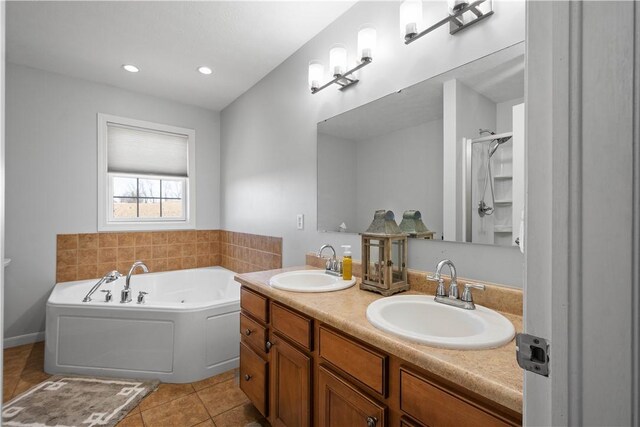 138 Crossridge Rd, Fallowfield, PA 15022 - full bathroom featuring a jetted tub, tile patterned floors, double vanity, a shower with shower door, and recessed lighting