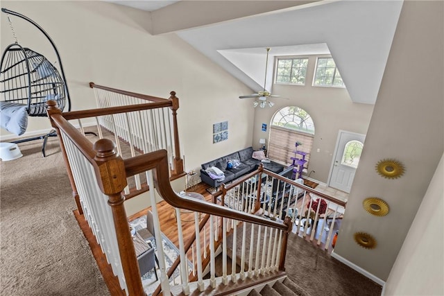 302 Malcolm Ct, Monroeville, PA 15146 - stairs featuring carpet, high vaulted ceiling, and a ceiling fan