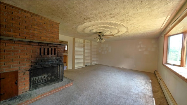 89 Rankin Rd, Wharton Twp, PA 15437 - unfurnished living room with a ceiling fan, a brick fireplace, a textured ceiling, baseboard heating, and built in features
