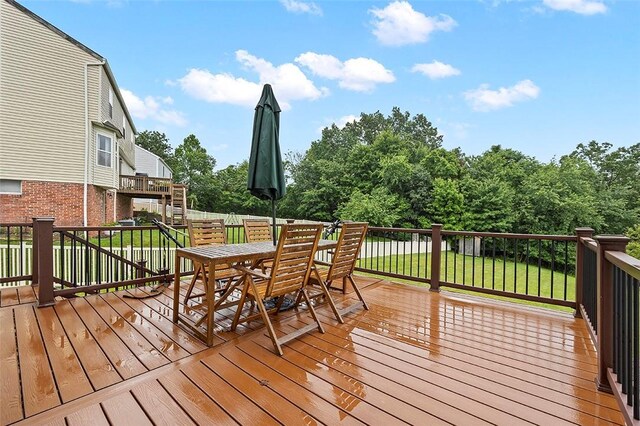 1071 Shawnee Ridge Dr, Cheswick, PA 15024 - wooden terrace featuring outdoor dining space and a lawn