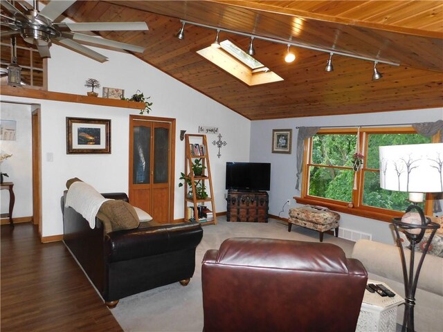 118 Harrison St, Elizabeth Twp/Boro, PA 15037 - living area featuring wood ceiling, track lighting, vaulted ceiling, ceiling fan, and a skylight