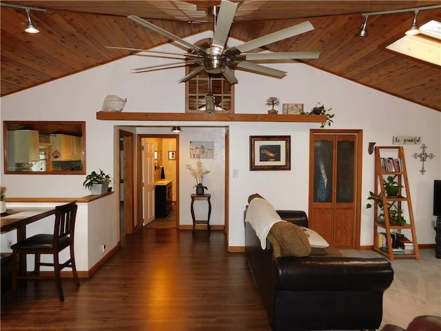 118 Harrison St, Elizabeth Twp/Boro, PA 15037 - living room featuring a wood ceiling with exposed beams, a ceiling fan, wood finished floors, track lighting, and high vaulted ceiling