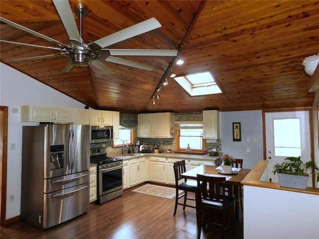 118 Harrison St, Elizabeth Twp/Boro, PA 15037 - kitchen with appliances with stainless steel finishes, rail lighting, wood ceiling, tasteful backsplash, and a ceiling fan