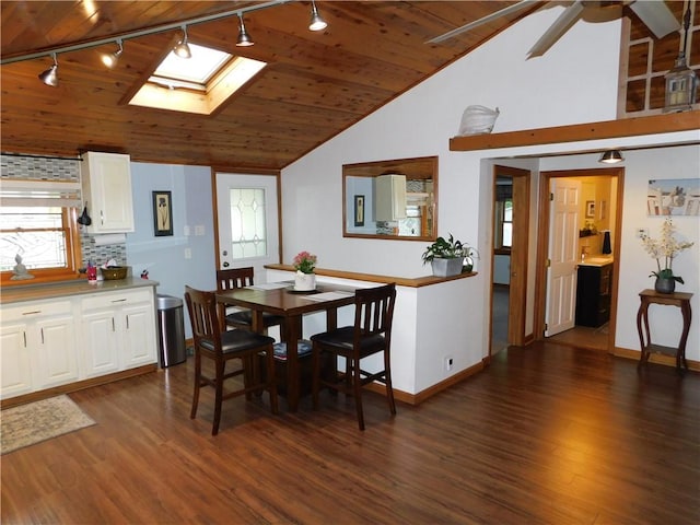 118 Harrison St, Elizabeth Twp/Boro, PA 15037 - dining room featuring track lighting, a skylight, lofted ceiling, dark wood-type flooring, and wooden ceiling