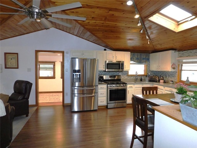 118 Harrison St, Elizabeth Twp/Boro, PA 15037 - kitchen featuring appliances with stainless steel finishes, dark wood finished floors, a skylight, vaulted ceiling, and track lighting