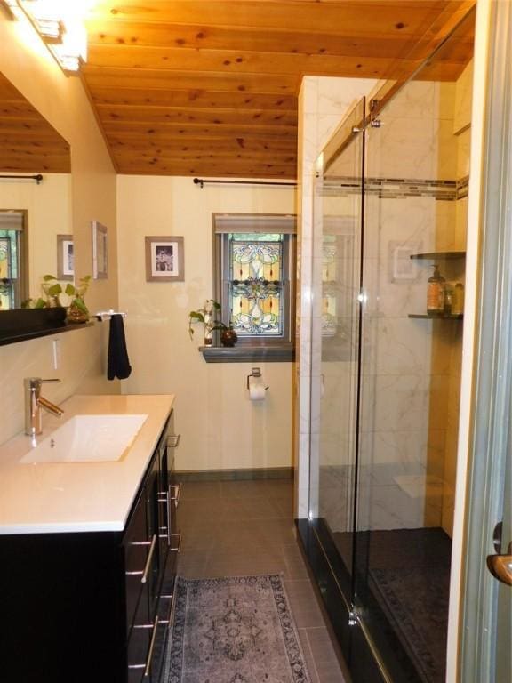 118 Harrison St, Elizabeth Twp/Boro, PA 15037 - bathroom with wood ceiling, vanity, and a shower stall