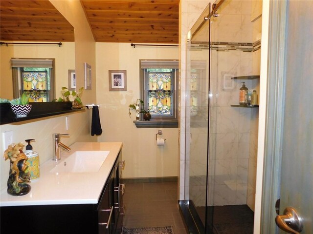 118 Harrison St, Elizabeth Twp/Boro, PA 15037 - full bathroom featuring vanity, a stall shower, wood ceiling, and lofted ceiling