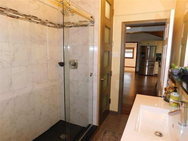 118 Harrison St, Elizabeth Twp/Boro, PA 15037 - full bath with a marble finish shower, wood finished floors, and vanity