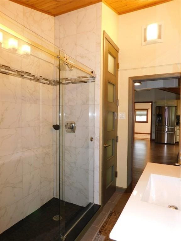 118 Harrison St, Elizabeth Twp/Boro, PA 15037 - bathroom featuring a marble finish shower, wooden ceiling, and vanity
